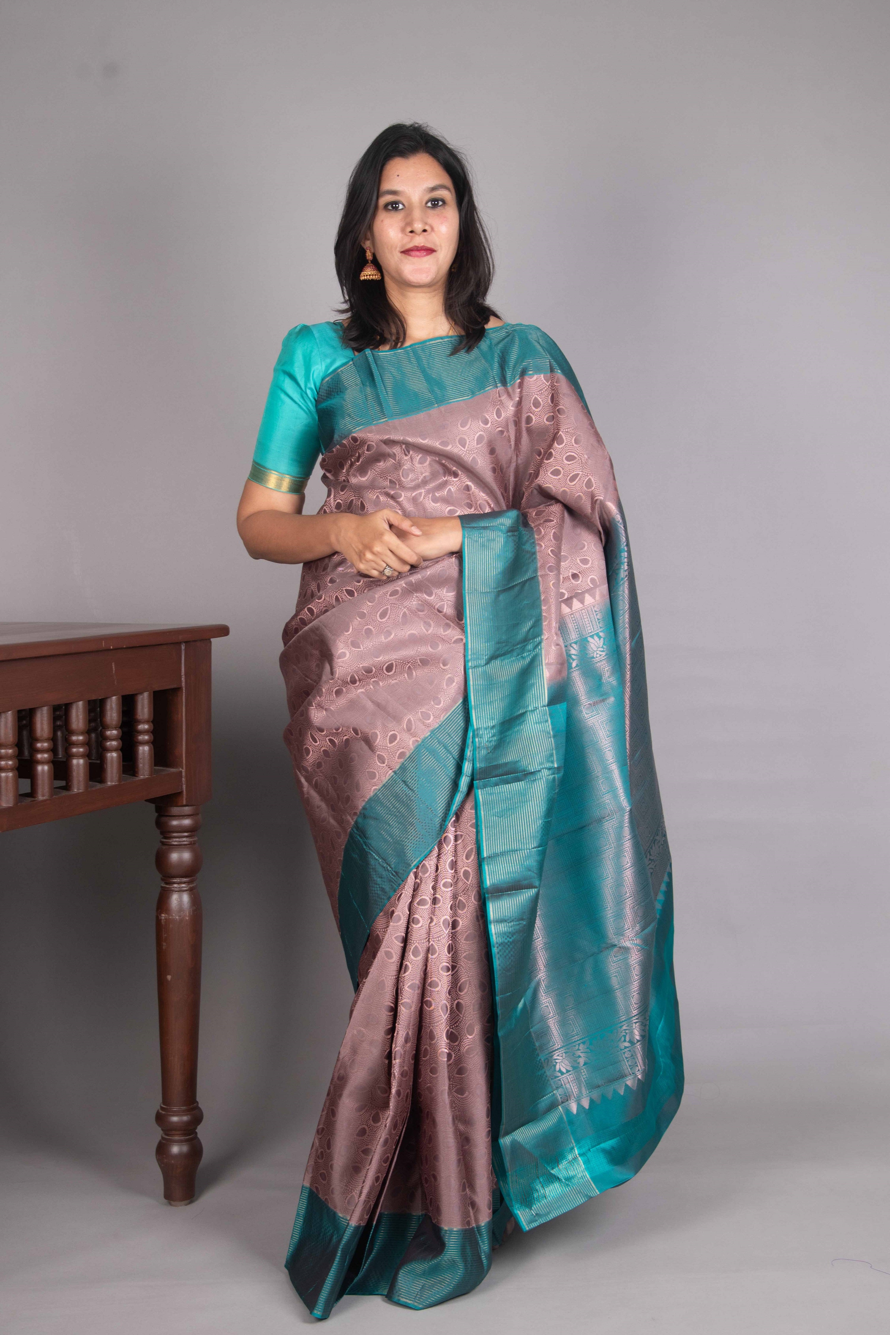 Warm Gray Silk Saree with Traditional Weave