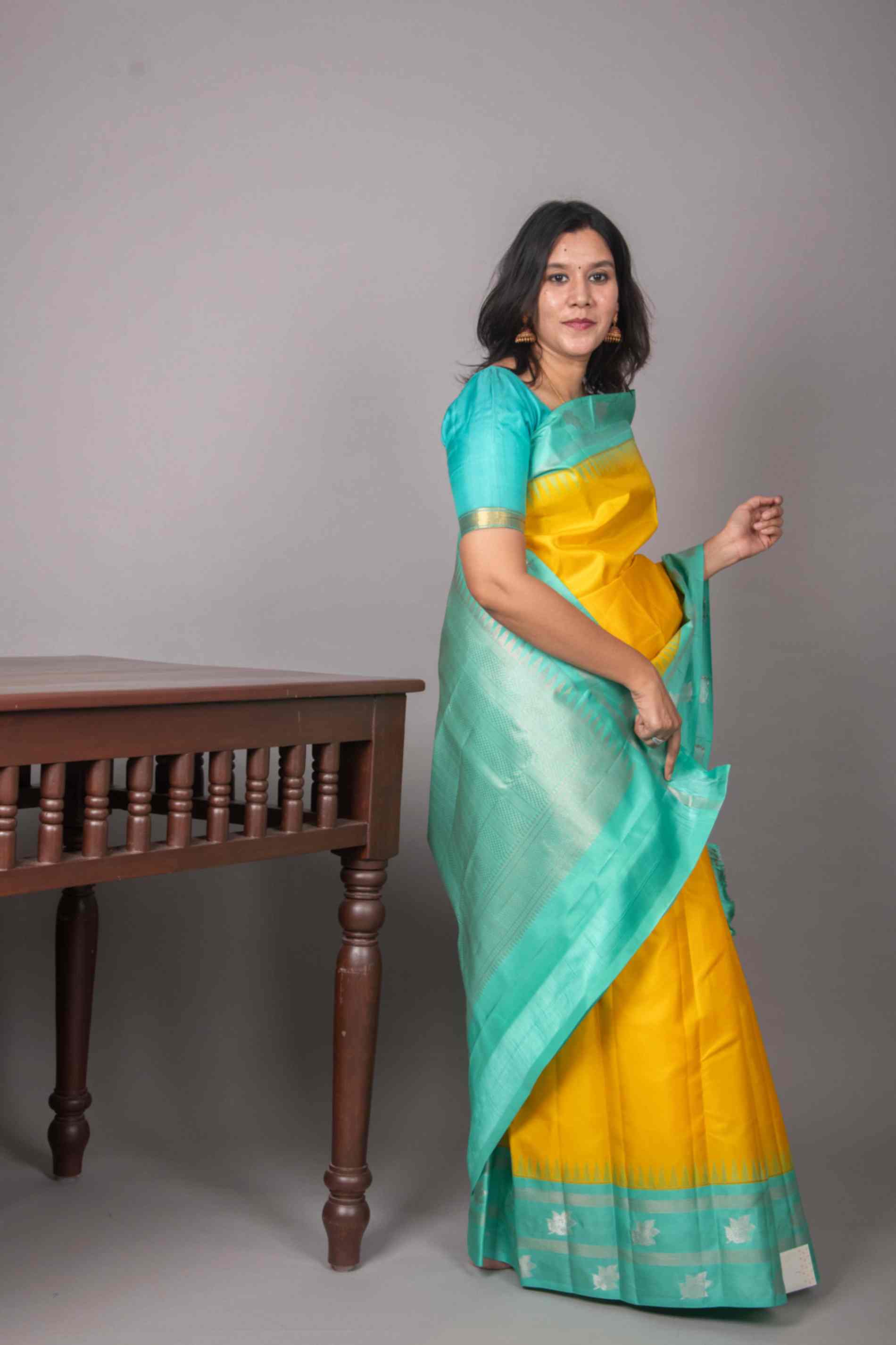 Yellow and Turquoise Silk Saree, Temple Border