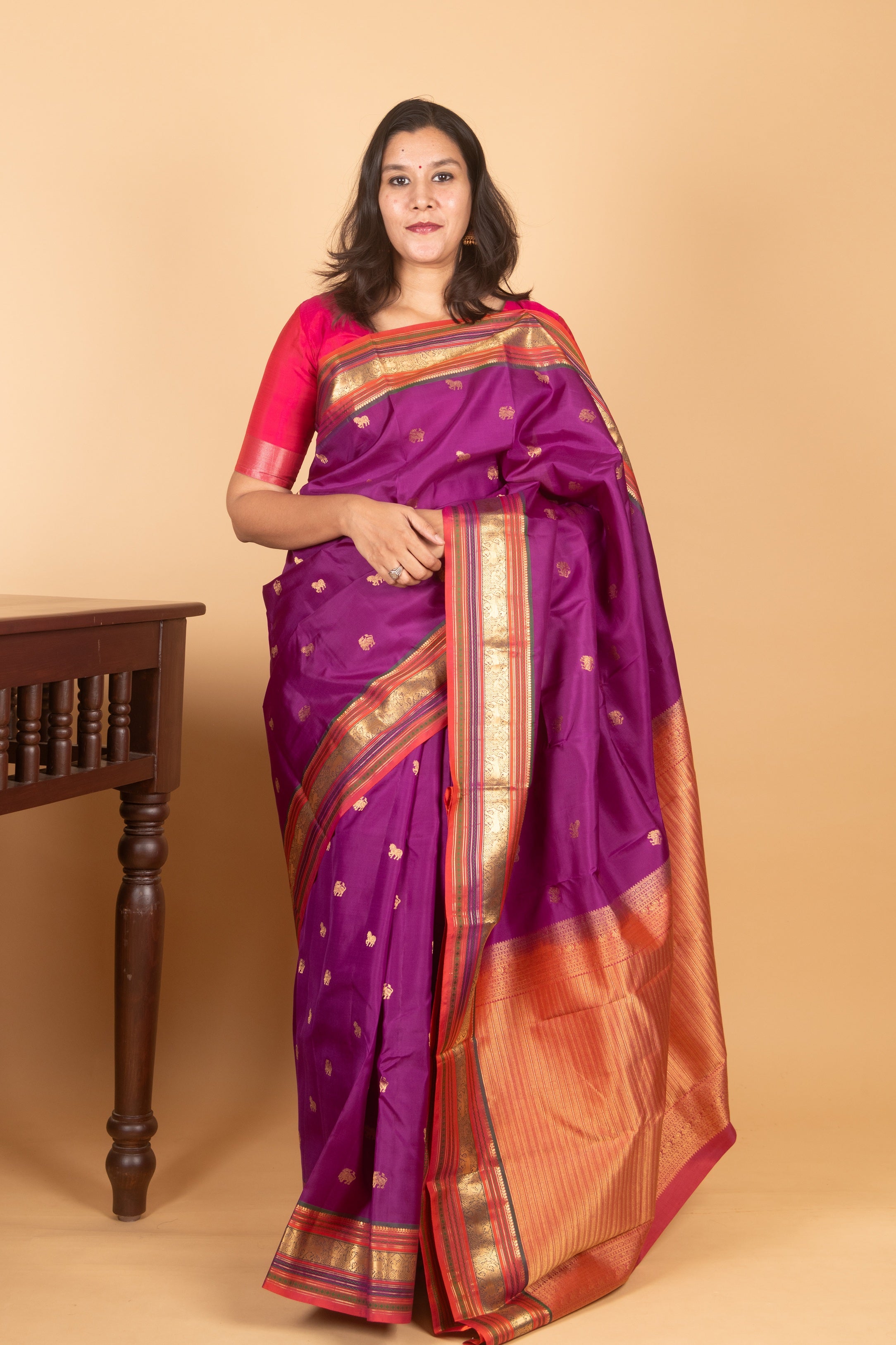 Violet and Dual Tone Orange Silk Saree, Temple Border