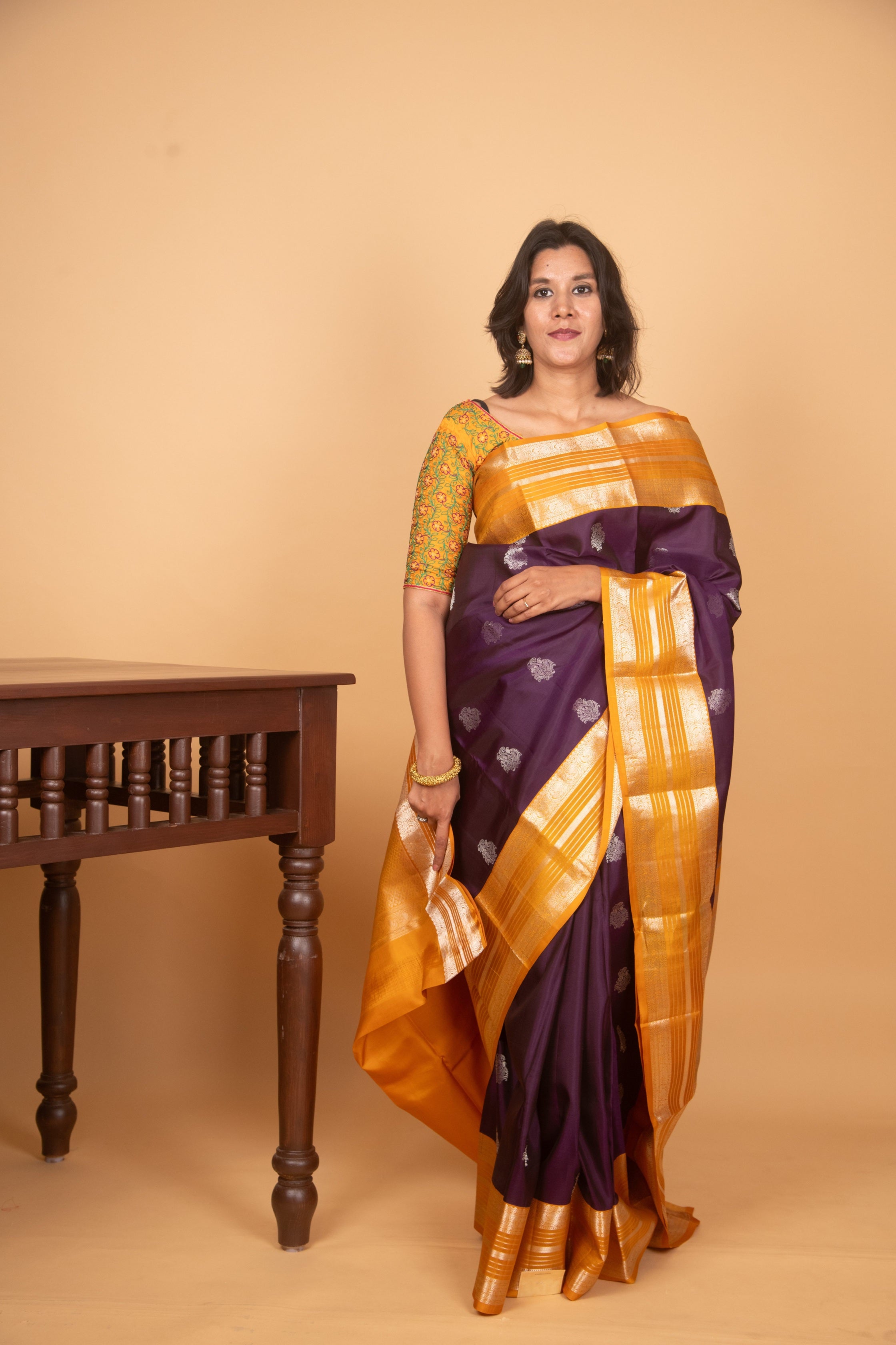 Purple and Mustard Kanjivaram, Temple Border