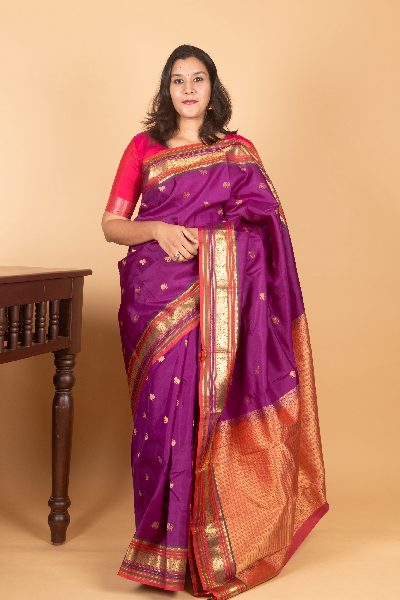 Violet and Dual Tone Orange Silk Saree, Temple Border