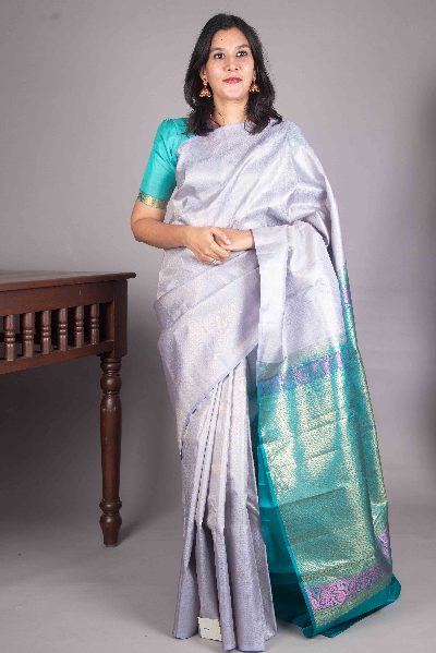 Blue Gray Silk Saree with No Border