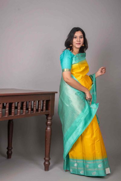 Yellow and Turquoise Silk Saree, Temple Border